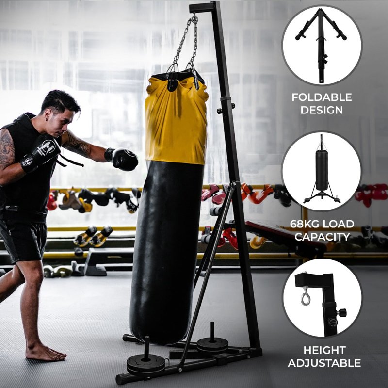 Folding Punch Bag Stand 68kg 150lbs Free Standing Hanging Frame Height Adjustable 182cm - 230cm / 6ft - 7.5ft Boxing Martial Arts Equipment Stable Triangle Base Heavy Duty Steel Weight Plate Holder