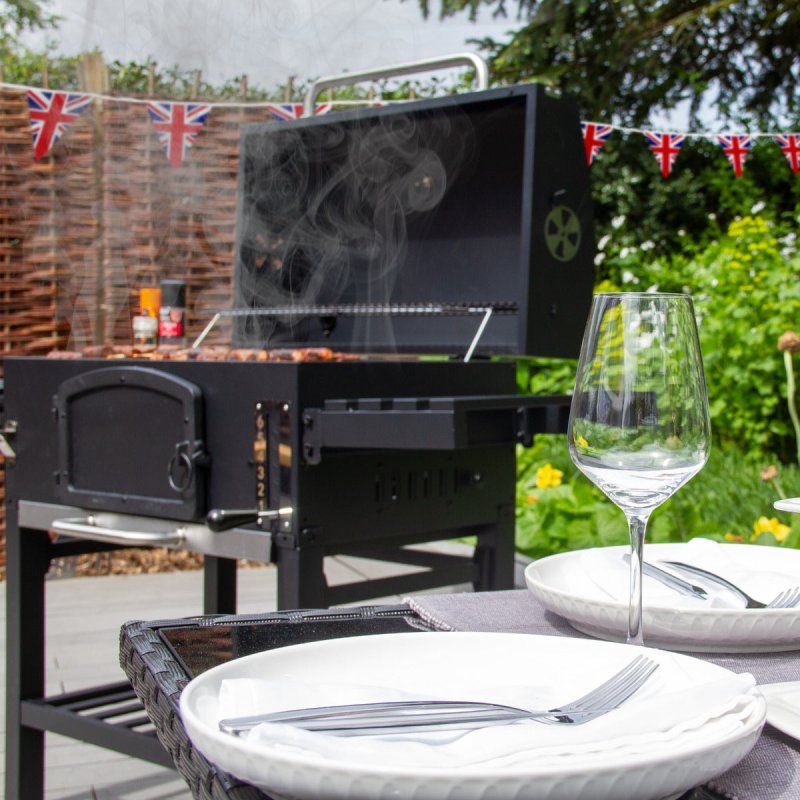 XXL BBQ Smoker Charcoal Barbecue Grill Portable Stainless Steel Adjustable Furnace Thermometer Side Shelves Hanging Hooks Bottle Opener Wheels & Union Jack Bunting Triangle Flags 10m Double Sided