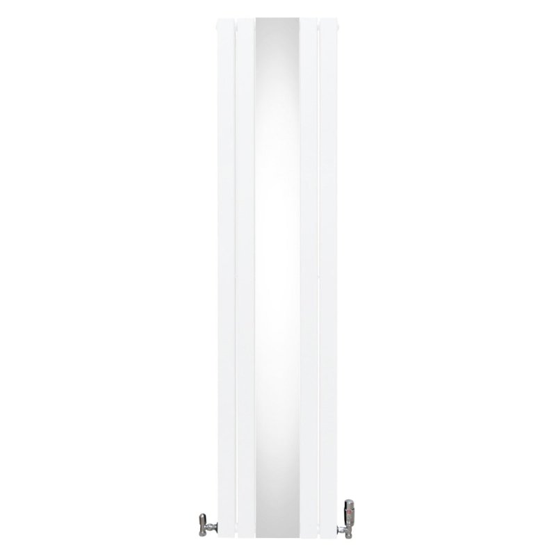 Flat Panel Radiator With Mirror 1800mm x 425mm & TRV Chrome Valves Designer Double Column Vertical White Carbon Steel Wall Mounted Kitchen Living Room Cleaning Brush Fixing Kit & Brackets