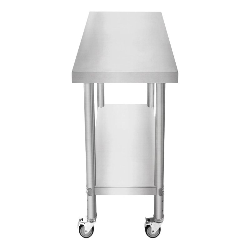 Catering Work Bench Table Stainless Steel Food Prep Kitchen Mobile 4 x Castor Wheels With 2 Brakes & 4 Adaptable Feet Adjustable Lower Shelf 3 Positions 160kg Load Capacity 60cm x 45cm x 86cm