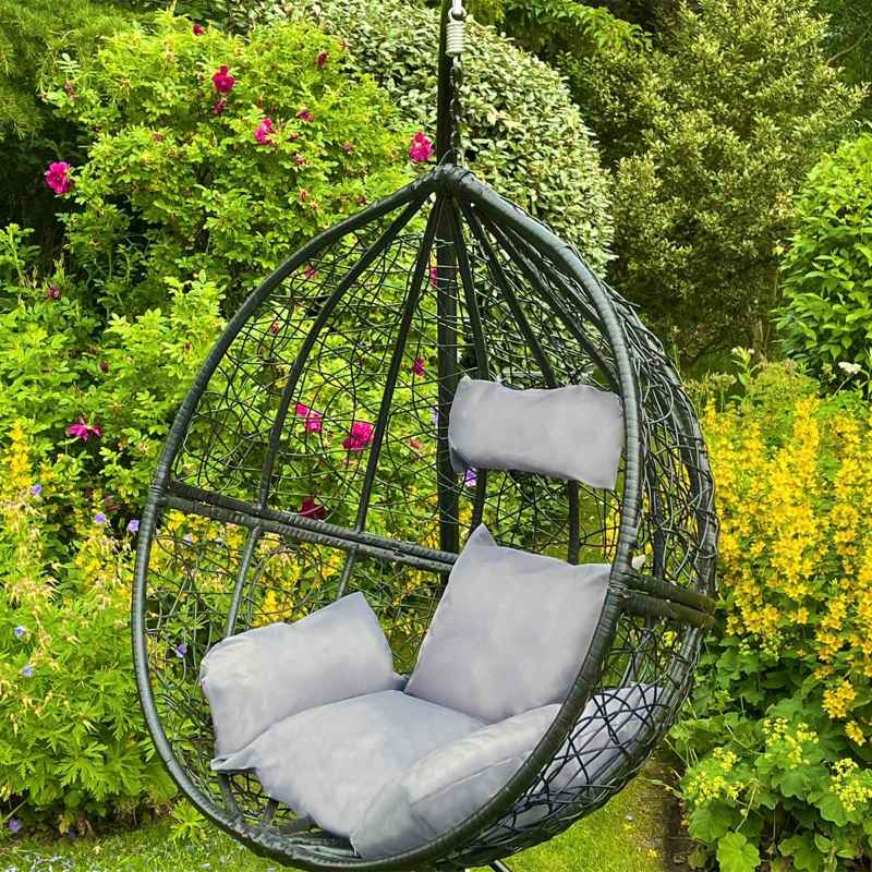 Swing Hanging Egg Chair Rattan Bench Garden Patio Outdoor Indoor Furniture Hammock Basket Seat Black | with Cushions, Waterproof Cover and Stand