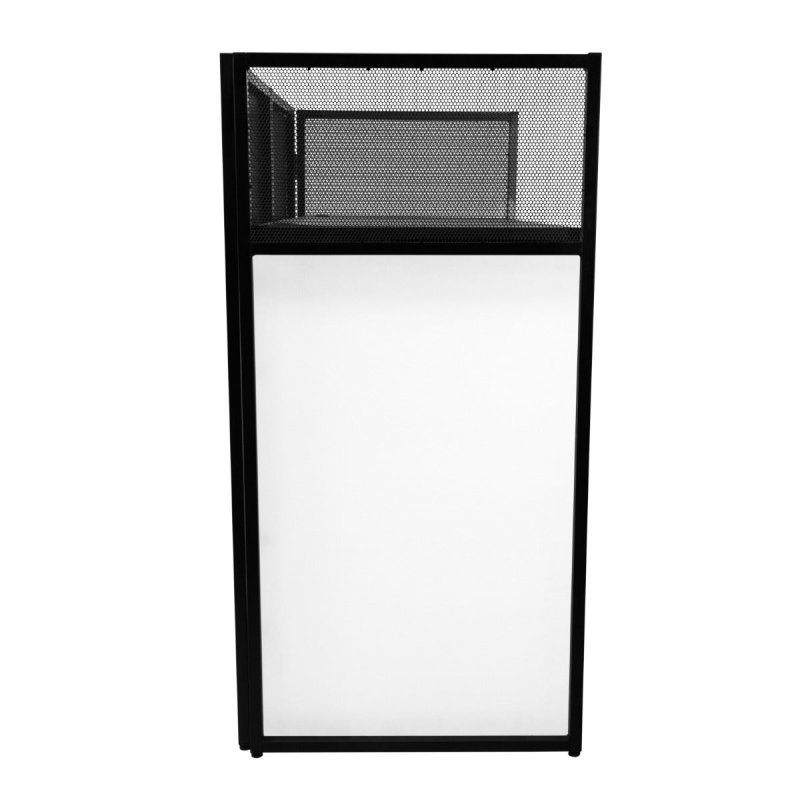 DJ Disco Booth Stand Mixer Shelf Foldable Portable Screen Table Powder Coated Steel Interchangeable Stretch Cloth Panels 1 x Black & 2 x White Cloths Carry Storage Bag Secure Handle Lock Complete Set