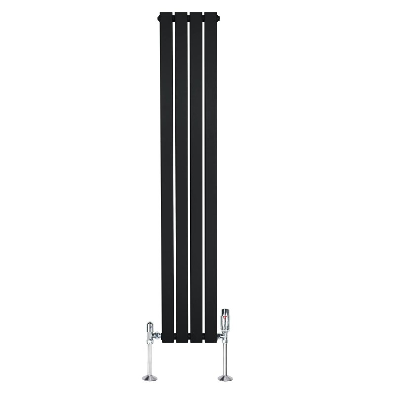 Flat Single Column Radiator & Valves - 1600mm x 280mm - Black