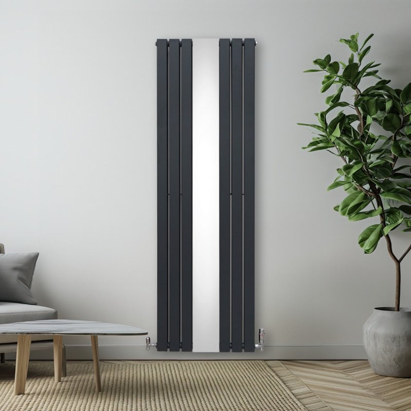 Flat Panel Radiator With Mirror 1800mm x 565mm & TRV Chrome Valves Designer Double Column Vertical Anthracite Grey Carbon Steel Wall Mounted Kitchen Living Room Cleaning Brush Fixing Kit & Brackets