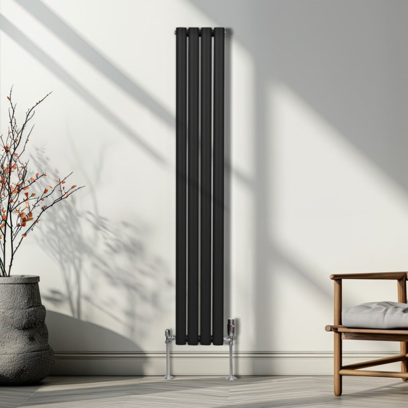 Oval Column Radiator 1600mm x 240mm Modern Designer Double Panel Central Heating Heater Matt Black Carbon Steel Vertical Kitchen Living Room Bathroom FREE Cleaning Brush Fixing Kit & Brackets