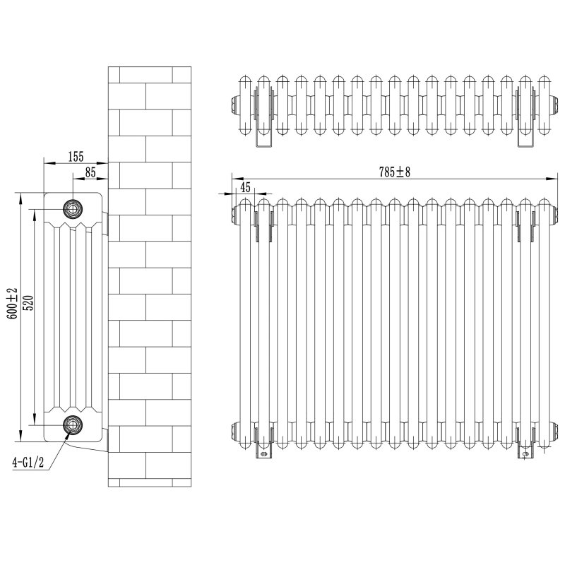 Traditional 4 Column Radiator - 600 x 785mm - White
