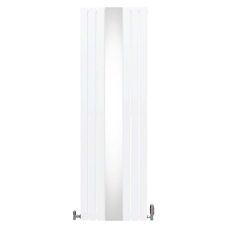 Flat Panel Radiator With Mirror 1800mm x 565mm & TRV Chrome Valves Designer Double Column Vertical White Carbon Steel Wall Mounted Kitchen Living Room Cleaning Brush Fixing Kit & Brackets