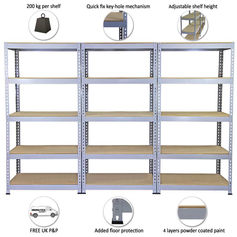 3 Racking Bays 90cm Garage Shelving Storage Warehouse Shelves Unit Steel 5 Tier
