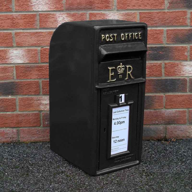 Royal Mail Post Box with Floor Stand ER Cast Iron Wall Mounted Wedding Authentic Pillar Replica Lockable Post Office Letter Box Black