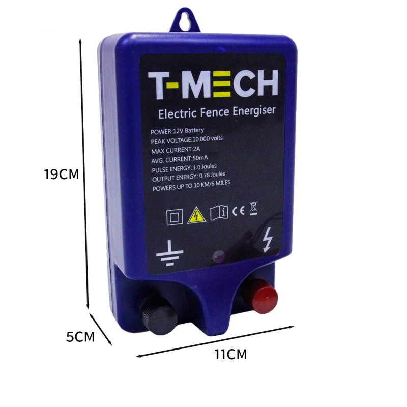T-Mech Electric 12V Fence Energiser Water Resistant 1.0J 10KM Battery Powered Fencer