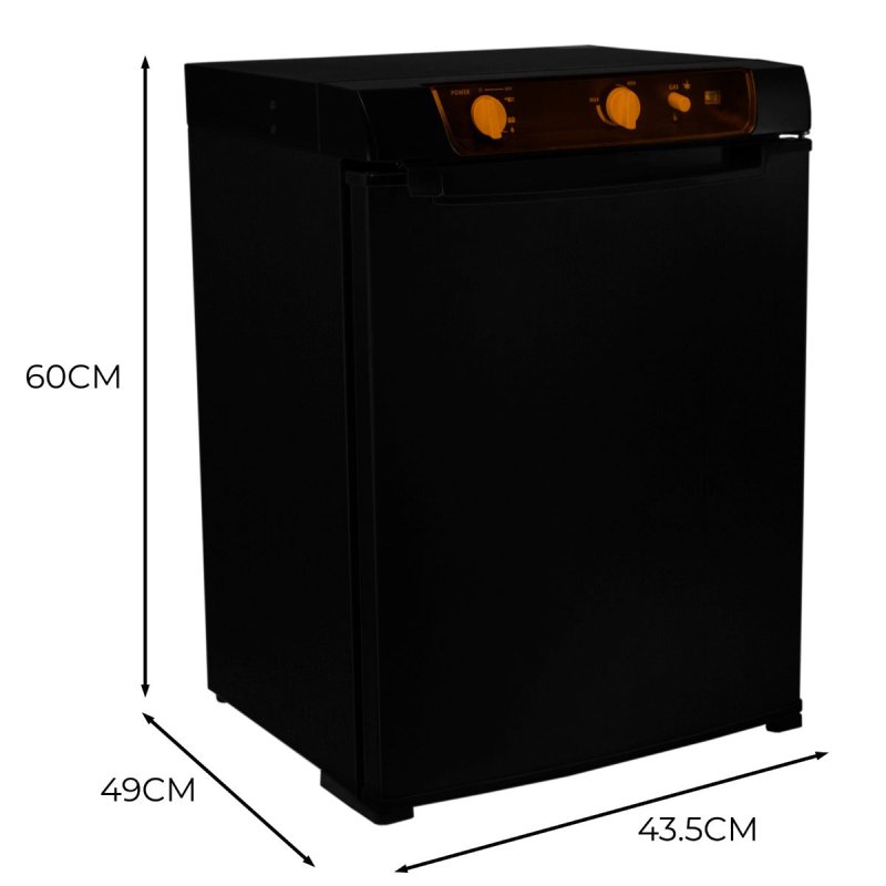 3 Way Absorption Fridge 43L Cooler LPG Gas AC DC 12V 240V Black Camping Caravan Motorhome Leisure Portable Cooler Portable 100% Silent Reversible Left / Right Opening Door Removable Shelves 7 - 14°C