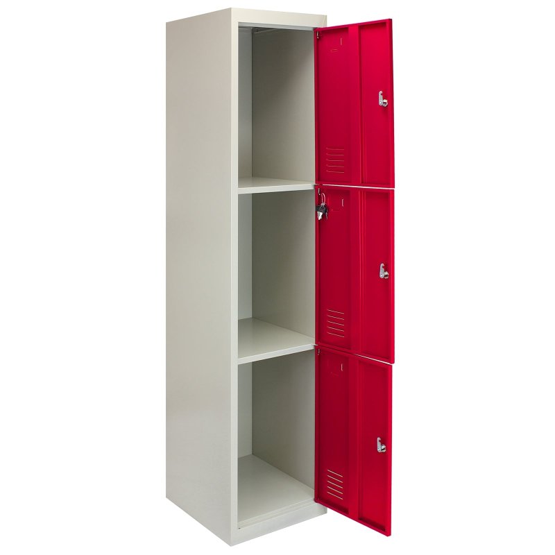 MonsterShop 3 Door Metal Storage Lockers, Flatpacked Red & Grey Steel Lockable Unit, Gym Changing School Staff