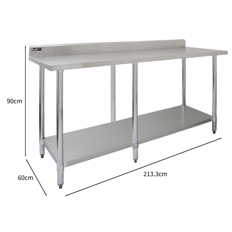 7FT Kitchen Work Bench Catering Table Commercial Stainless Steel Food Prep Surface Restaurant Storage Shelf 250kg Weight Capacity Adjustable Height 10cm Backsplash Upstand 2 x FREE Microfibre Cloths