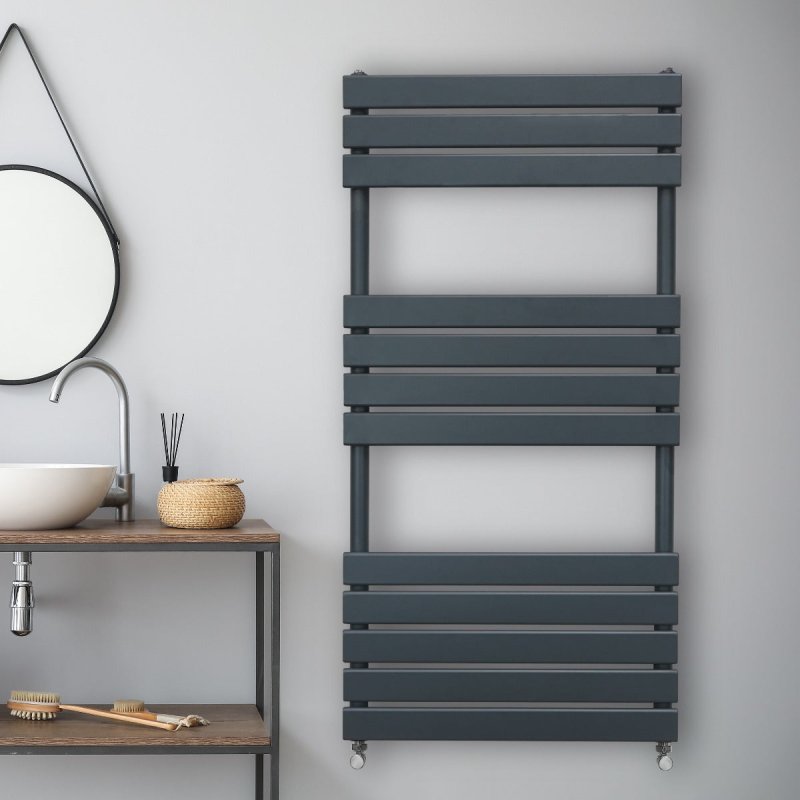 Vertical Towel Radiator Designer Flat Panel 1200mm x 600mm Bathroom Heated Rail Matt Anthracite Grey Central Heating Ladder Heater Wall Mounted Carbon Steel FREE Cleaning Brush Fixing Kit & Brackets