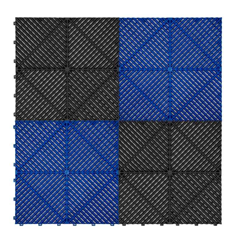 Vented Modular Interlocking Flooring Tiles 120 Black & 120 Blue With Edges & Hexagon LED Lighting 28 White Lights & Border 6500K 3 Mount Options & Suspended Ceiling Kit Single Garage Floor Mat 6m x 6m
