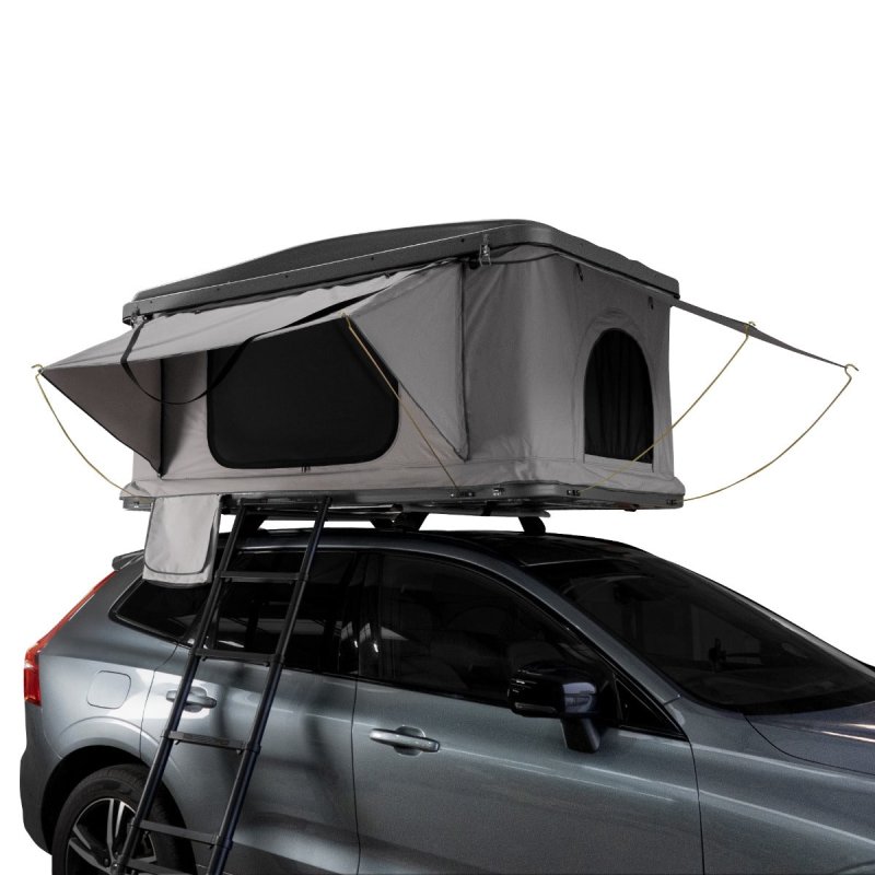 Car Roof Top Tent Grey Large Hard Shell Box Gas Assisted Pop Up Bunk 2-3 Person 3000mm Waterproof Camping Telescopic Ladder 5.5cm Mattress Boot Bags Anti Condensation FREE Storage Net & Solar Torch