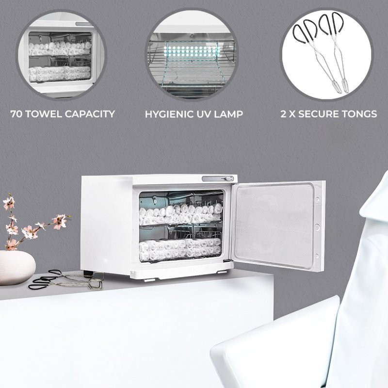 Hot Towel Warmer White 23L Cabinet Heater UV Steriliser Disinfection Facial Salon Beauty Spa Gym Bathroom Home Equipment Stainless Steel Electric 2 Removable Shelves Drip Tray 200W 2 x FREE Tongs