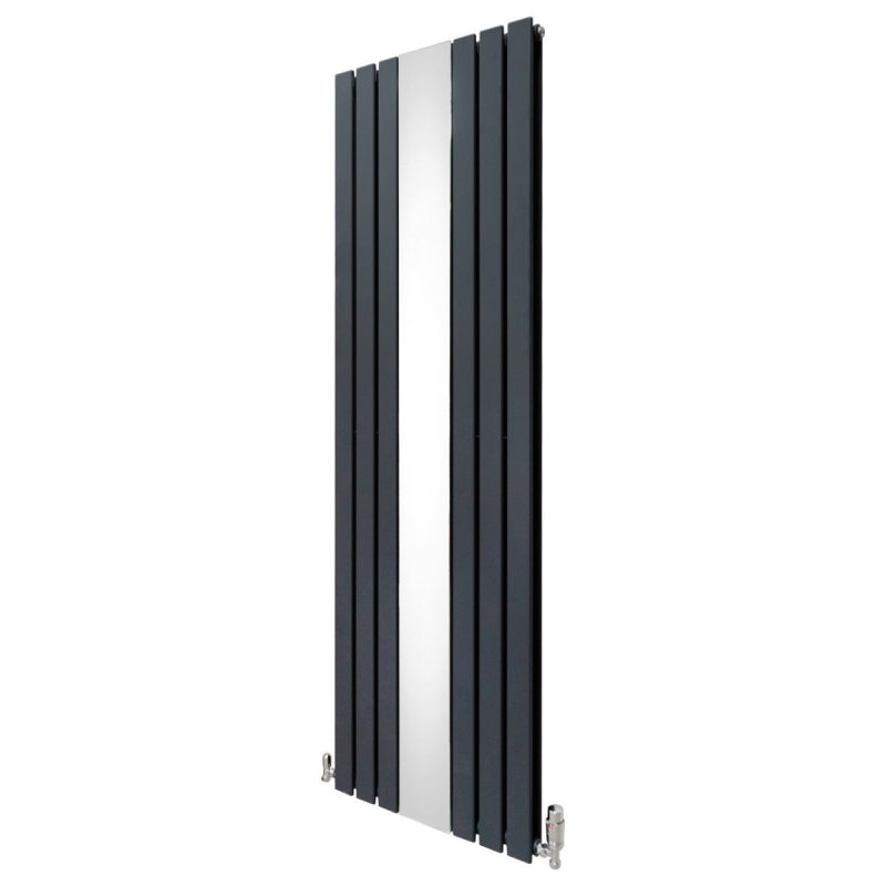 Flat Panel Radiator With Mirror 1800mm x 565mm & TRV Chrome Valves Designer Double Column Vertical Anthracite Grey Carbon Steel Wall Mounted Kitchen Living Room Cleaning Brush Fixing Kit & Brackets