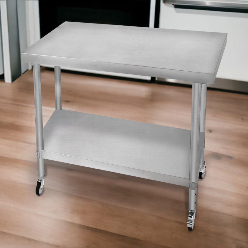 Catering Work Bench Table Stainless Steel Food Prep Kitchen Mobile 4 x Castor Wheels With 2 Brakes & 4 Adaptable Feet Adjustable Lower Shelf 3 Positions 160kg Load Capacity 76cm x 90cm x 86cm