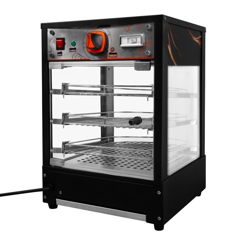 Food Warmer Cabinet Countertop Heated Glass Display Commercial Hot Food Pizza Pie Showcase Unit Black Steel Electric 30 - 85C Temperature Control Switch Internal Light 3 Tier Wire Shelving FREE Tongs
