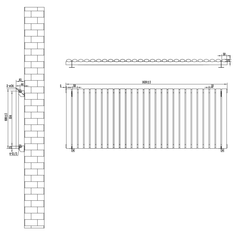Oval Single Column Radiator & Valves - 600mm x 1620mm - Black