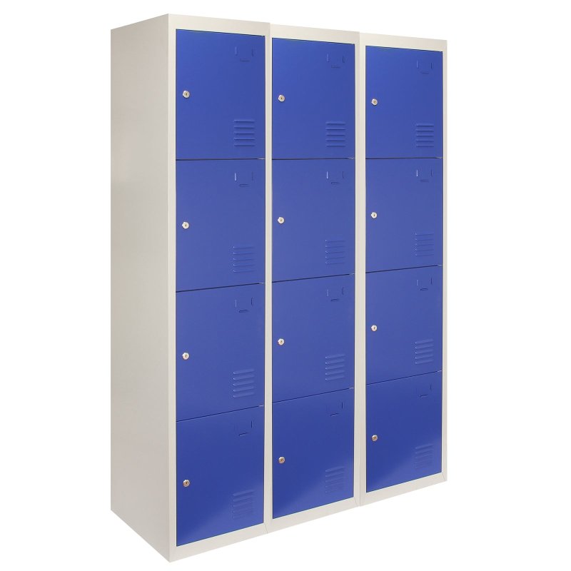 MonsterShop 3 x Metal Lockers, 4 Door Storage, Blue & Grey Metal Lockable Unit, School Staff Gym Changing Room
