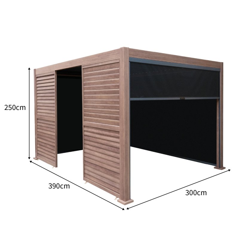 Wood Effect Aluminium Pergola With Blinds & 2 Louvre Panels - 4m x 3m