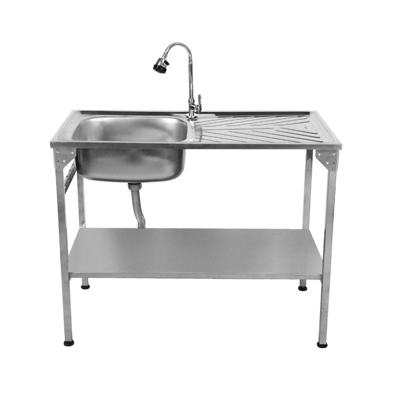 Folding Camping Sink Stainless Steel With Flexible Tap Portable Hand Wash Basin Single Bowl RH Drainer Drainage Pipe Height Adjustable Feet Outdoor FREE Carry Storage Bag Chopping Board & 5 x Hooks
