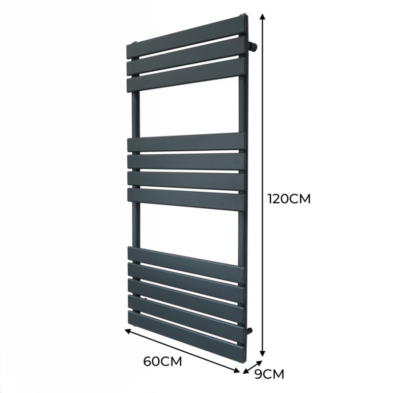 Vertical Towel Radiator Designer Flat Panel 1200mm x 600mm Bathroom Heated Rail Matt Anthracite Grey Central Heating Ladder Heater Wall Mounted Carbon Steel FREE Cleaning Brush Fixing Kit & Brackets