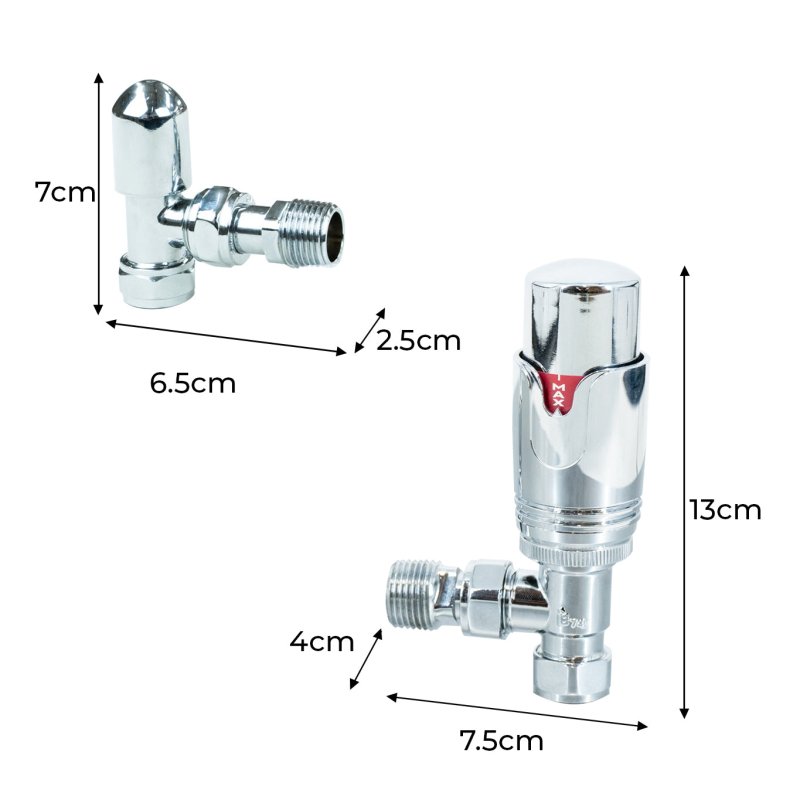 Thermostatic Radiator Valves Brass Polished Chrome Angled TRV Set Lockshield 1/2" x 15mm Manual Rotary Knob 6-28 Degrees Temperature Range 10 Year Guarantee