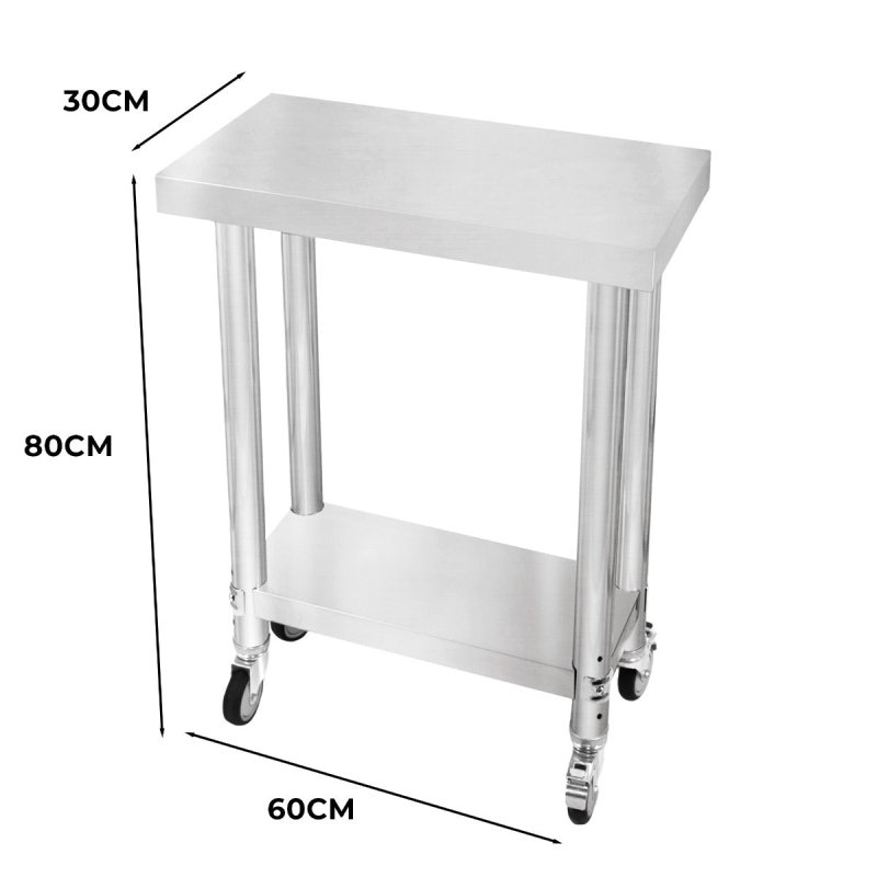 Catering Work Bench Table Stainless Steel Food Prep Kitchen Mobile 4 x Castor Wheels With 2 Brakes & 4 Adaptable Feet Adjustable Lower Shelf 3 Positions 160kg Load Capacity 60cm x 30cm x 80cm