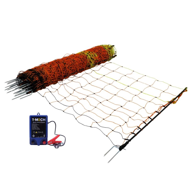 Electric Fence Energiser & Poultry Netting 50m Roll Fencing Battery Powered Controller 10KM Range Chicken Hen Turkey Net Mesh 11 Wires 120cm High 14 Double Spikes Repair Kit Ground Spikes Earth Stake