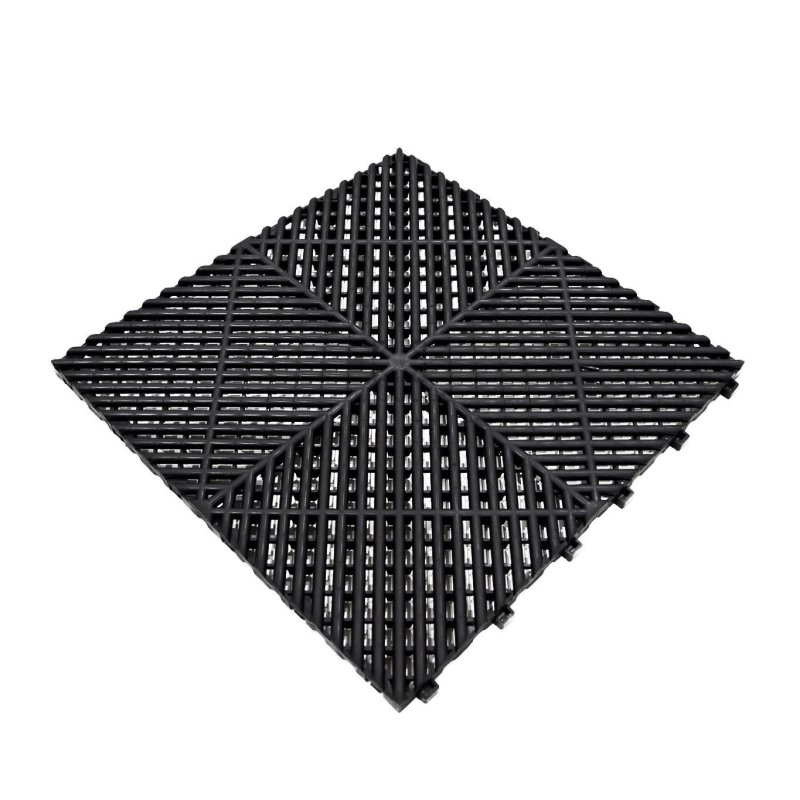 Vented Modular Interlocking Flooring Tiles & Edges 120 x Black Single Garage Heavy Duty Floor Mat Showroom Workshop Outdoor Polypropylene Anti Slip Weather Resistant Drainage Channels 3.2m x 6m 19.2m2