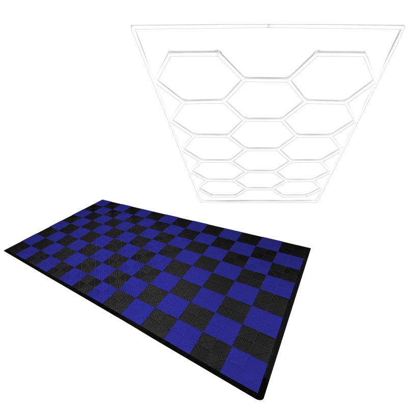 Vented Modular Interlocking Flooring Tiles 60 Black & 60 Blue With Edges & Hexagon LED Lighting 14 White Lights & Border 6500K 3 Mount Options & Suspended Ceiling Kit Single Garage Floor Mat 3.2m x 6m