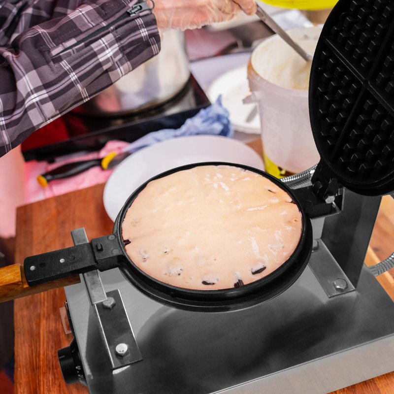 KuKoo Single Waffle Maker Machine Rotating Round Deep Fill Non-Stick Iron Plates Electric 1000W 50-250C Automatic Temperature 1-5 Minute Timer Commercial Stainless Steel Cool Touch Handle FREE Tongs