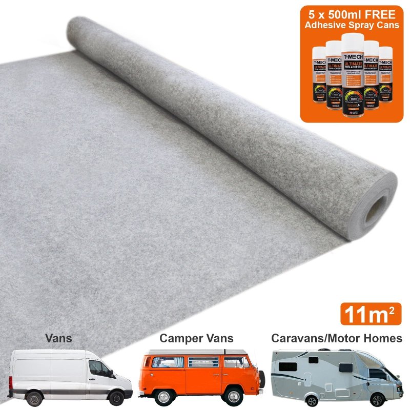 11m2 Van Lining Carpet Super Stretch Kit Camper Motor Homes Silver Grey & 5 Heavy Duty Adhesive Glue Spray Cans