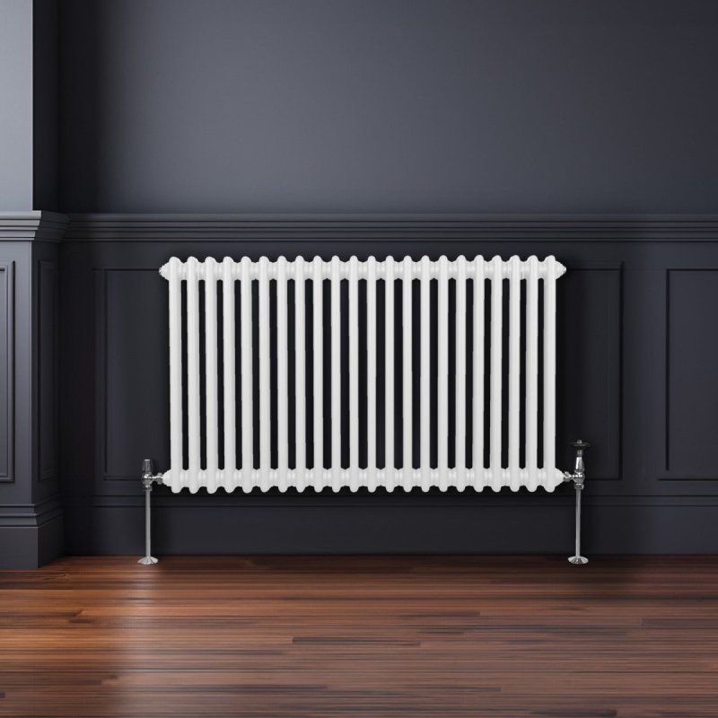 Traditional 2 Column Radiator 600mm x 1012mm Modern Central Heating Heater Gloss White Carbon Steel Horizontal Wall Mounted Kitchen Living Room Bathroom FREE Cleaning Brush Fixing Kit & Brackets