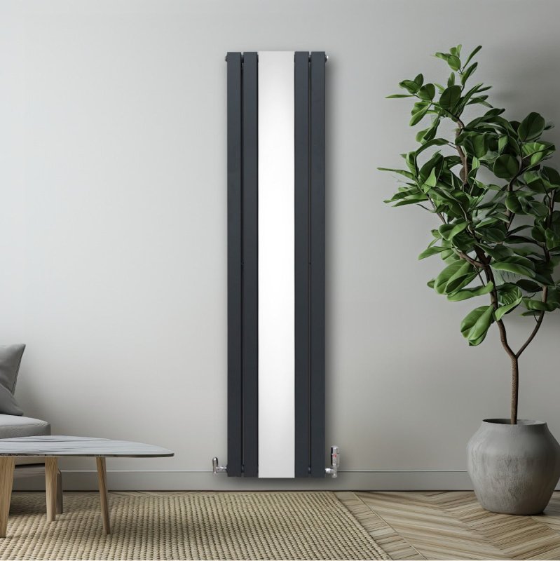 Flat Panel Radiator With Mirror 1800mm x 425mm Modern Designer Double Column Vertical Heater Matt Anthracite Grey Carbon Steel Wall Mounted Kitchen Living Room Cleaning Brush Fixing Kit & Brackets