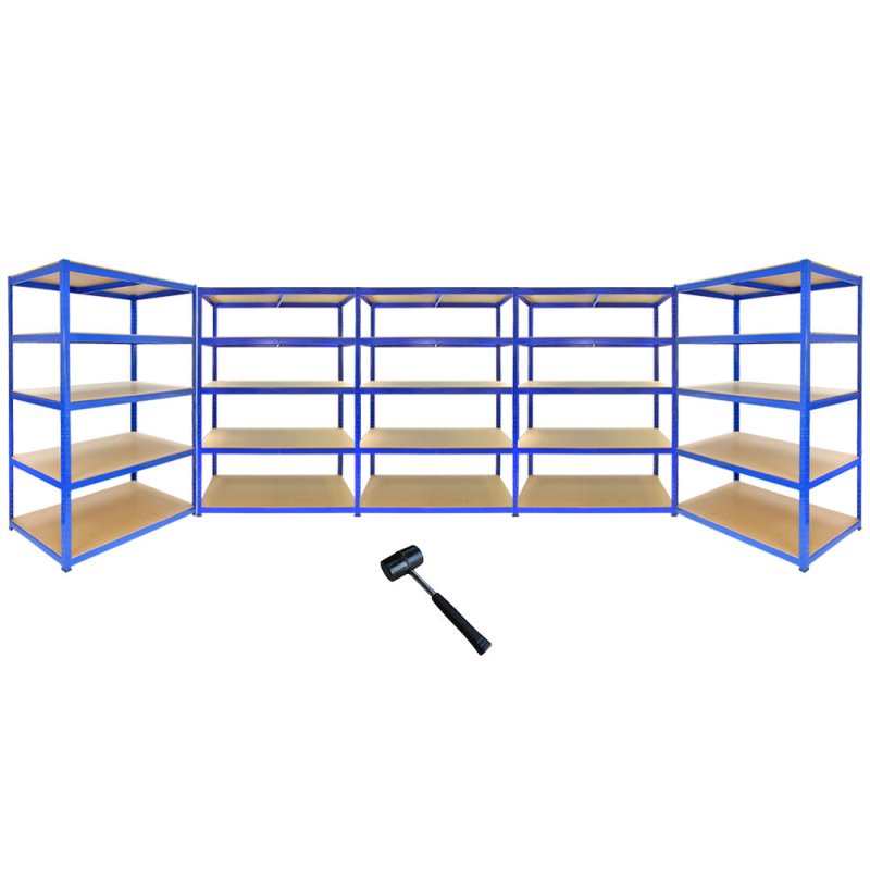 T-Rax Pack of 9 Garage Shelving Unit Extra Wide - 5 Tier Heavy Duty Rack for Storage Steel Utility Shelves | Metal & MDF Boltless Racking Assembly System | 280KG Per Shelf + FREE Rubber Mallet