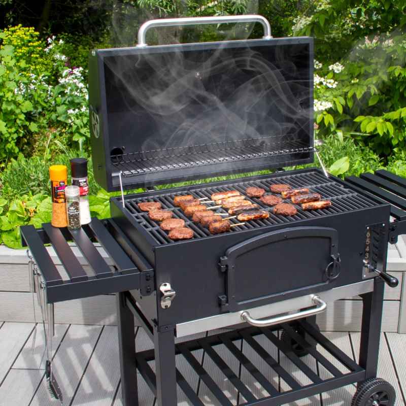 XXL BBQ Smoker Charcoal Barbecue Grill Portable Trolley Black Stainless Steel Adjustable Furnace Thermometer Side Shelves Hanging Hooks Bottle Opener Wheels Rain Cover Wire Brush Garden Patio Outdoor