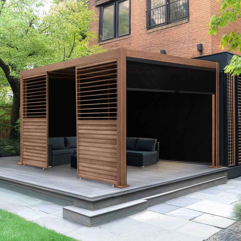 Wood Effect Aluminium Pergola With Blinds & 2 Louvre Panels - 3m x 3m