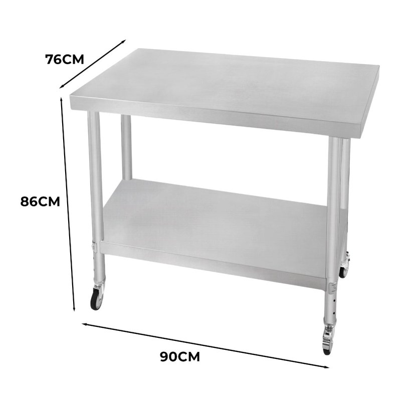 Catering Work Bench Table Stainless Steel Food Prep Kitchen Mobile 4 x Castor Wheels With 2 Brakes & 4 Adaptable Feet Adjustable Lower Shelf 3 Positions 160kg Load Capacity 76cm x 90cm x 86cm