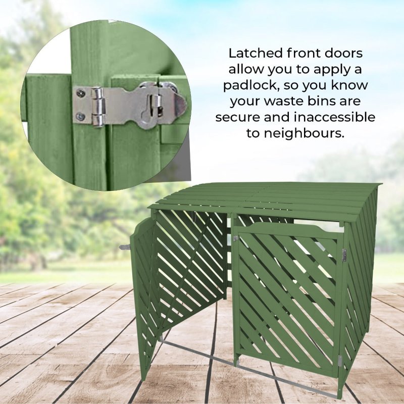 Double Sage Green Wheelie Bin Storage Shed Garden Latched Lockable Outdoor Dustbin Cover Store Unit Chain Lid