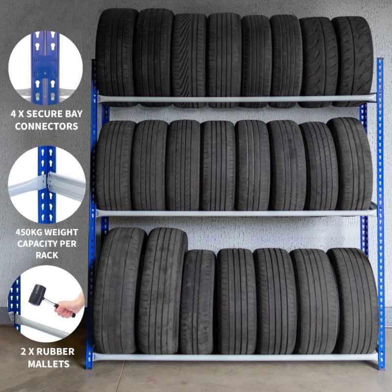 2 Tyre Racking Units Wheel Storage Boltless Steel Shelving Bay Blue Garage Mechanic Workshop Heavy Duty 450kg Capacity Rack 3 Tier 48 Tyres 185 x 180 x 40cm 2 FREE Rubber Mallets 4 FREE Bay Connectors