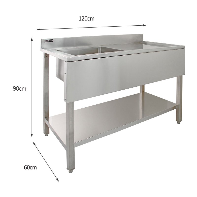 Catering Sink Stainless Steel Commercial Kitchen Restaurant Bar Utility Single Bowl Right Hand Drainer Free Standing Lower Storage Shelf Adjustable Feet Splashback 90 x 120 x 60cm FREE Strainer Plug