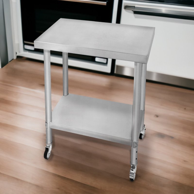Catering Work Bench Table Stainless Steel Food Prep Kitchen Mobile 4 x Castor Wheels With 2 Brakes & 4 Adaptable Feet Adjustable Lower Shelf 3 Positions 160kg Load Capacity 60cm x 45cm x 86cm