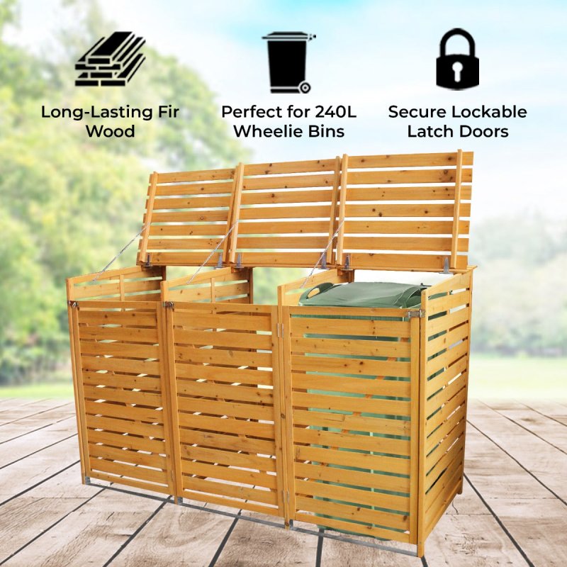 Triple Wheelie Bin Store Strong Wooden Shed Recycling Store Natural Timber Lockable Latched Hinged Firewood Garden Tools Storage FREE Fixing Kit 120cm (H) x 198cm (W) x 81cm (D)