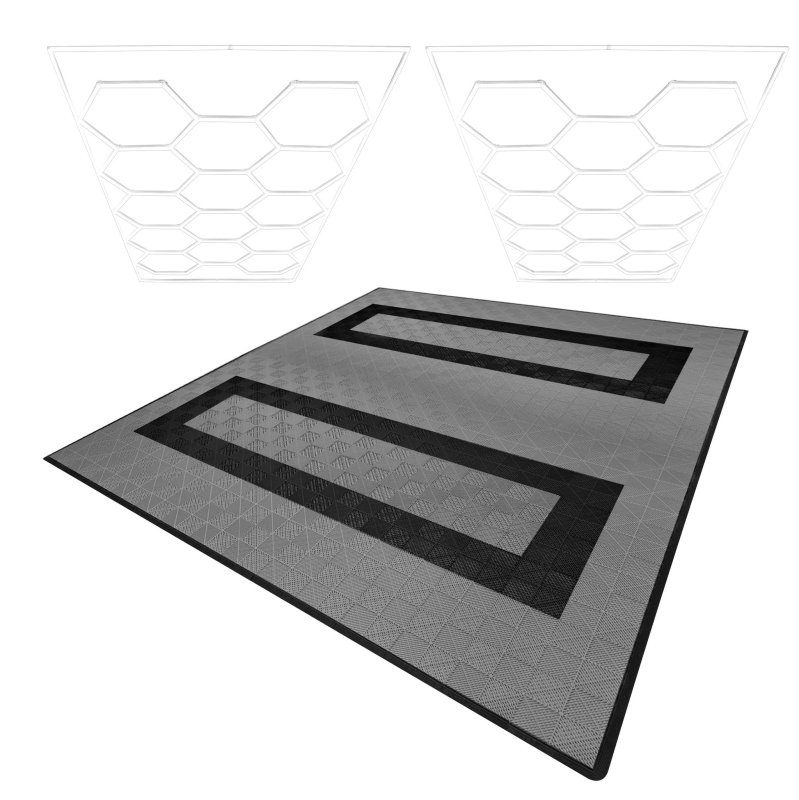 Vented Modular Interlocking Flooring Tiles 165 Grey & 60 Black With Edges & Hexagon LED Lighting 28 White Lights & Border 6500K 3 Mount Options & Suspended Ceiling Kit Single Garage Floor Mat 6m x 6m