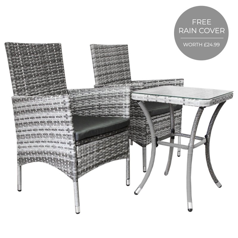 Garden Outdoor Rattan Bistro Set Furniture 3 PCs Patio Weave Companion Chair Table Set Conservatory Balcony 2 Seater Light Grey FREE Rain Cover