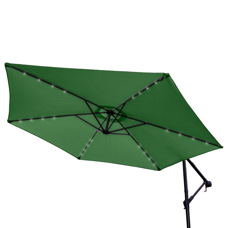 Green LED Cantilever Parasol 3m Banana Hanging Umbrella Garden Sun Shade Canopy Patio Outdoor 360 Rotation Tilt UV Protection Winding Crank 24 Solar Powered Cool White LED Lights Waterproof Rain Cover
